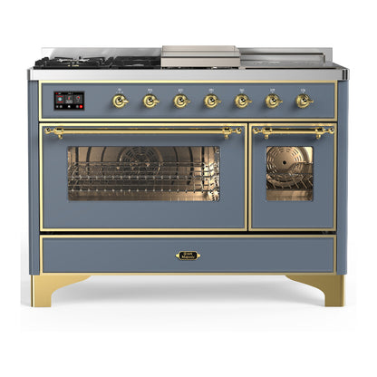 ILVE Majestic III 48" Blue Grey Dual Fuel Range with 5 Burners, Griddle and French Top Triple Glass Door Natural Gas