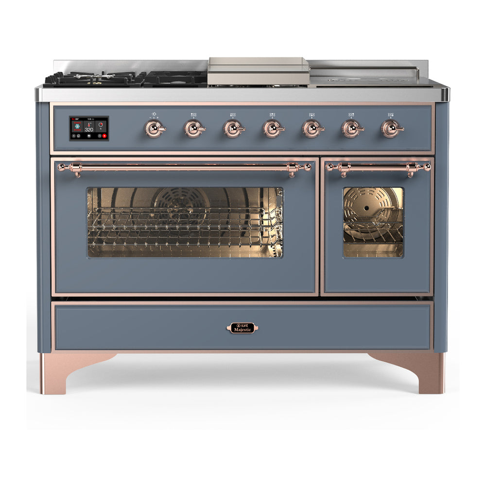 ILVE Majestic III 48" Blue Grey Dual Fuel Range with 5 Burners, Griddle and French Top Triple Glass Door Liquid Propane
