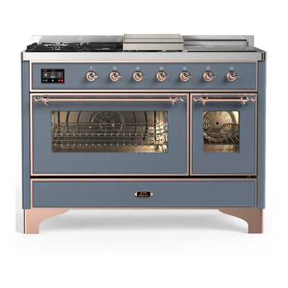 ILVE Majestic III 48" Blue Grey Dual Fuel Range with 5 Burners, Griddle and French Top Triple Glass Door Natural Gas