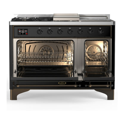 ILVE Majestic III 48" Glossy Black Dual Fuel Range with 5 Burners, Griddle and French Top Triple Glass Door Liquid Propane