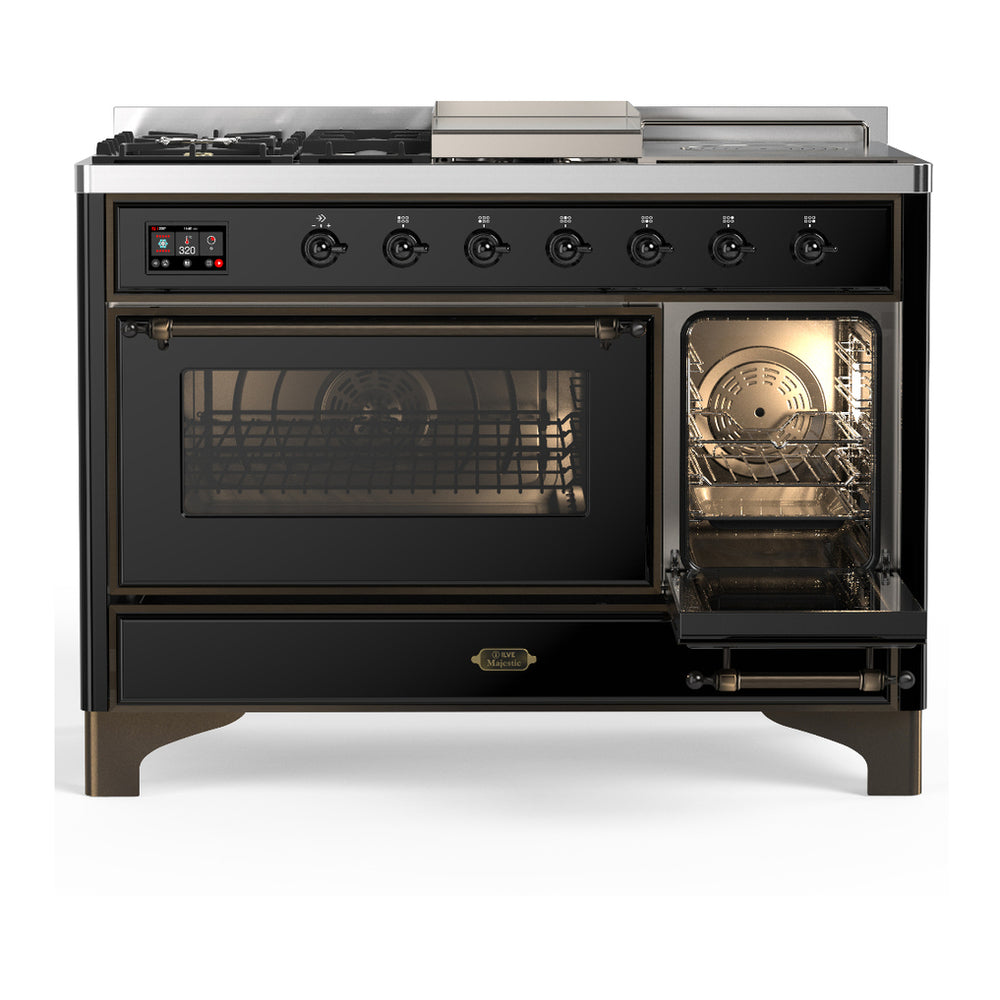 ILVE Majestic III 48" Glossy Black Dual Fuel Range with 5 Burners, Griddle and French Top Triple Glass Door Liquid Propane