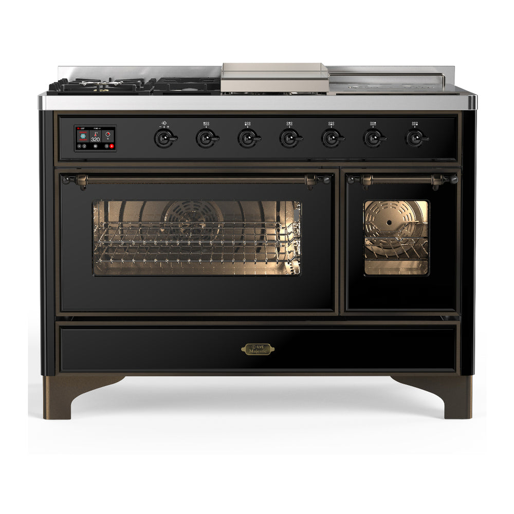 ILVE Majestic III 48" Glossy Black Dual Fuel Range with 5 Burners, Griddle and French Top Triple Glass Door Natural Gas
