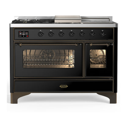 ILVE Majestic III 48" Glossy Black Dual Fuel Range with 5 Burners, Griddle and French Top Triple Glass Door Natural Gas