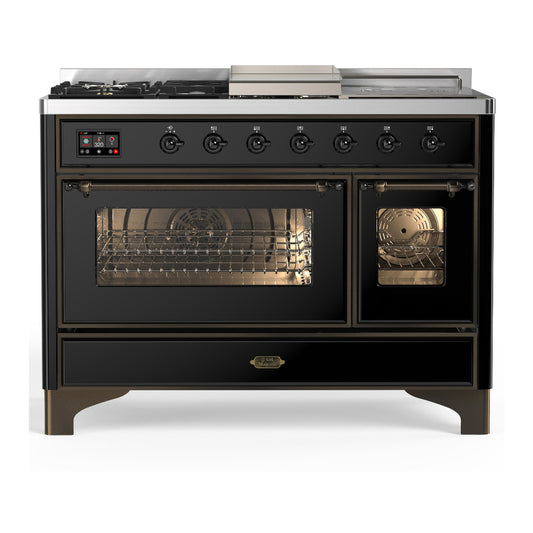 ILVE Majestic III 48" Glossy Black Dual Fuel Range with 5 Burners, Griddle and French Top Triple Glass Door Natural Gas