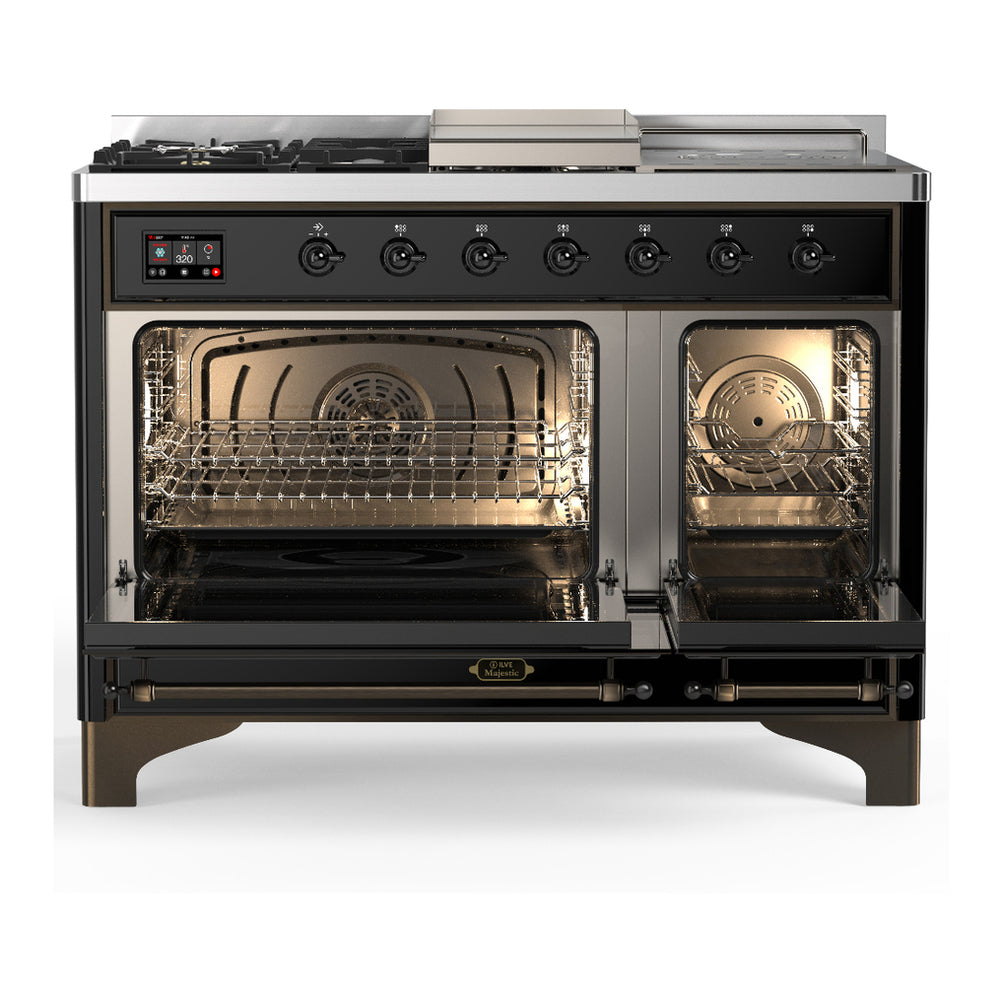 ILVE Majestic III 48" Glossy Black Dual Fuel Range with 5 Burners, Griddle and French Top Triple Glass Door Natural Gas