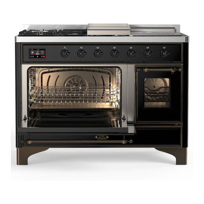 ILVE Majestic III 48" Glossy Black Dual Fuel Range with 5 Burners, Griddle and French Top Triple Glass Door Natural Gas