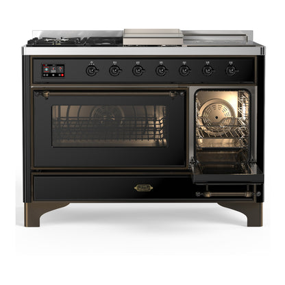 ILVE Majestic III 48" Glossy Black Dual Fuel Range with 5 Burners, Griddle and French Top Triple Glass Door Natural Gas