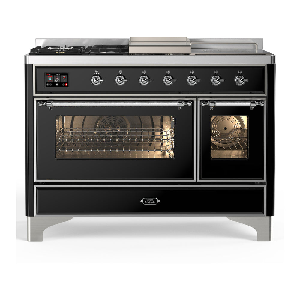 ILVE Majestic III 48" Glossy Black Dual Fuel Range with 5 Burners, Griddle and French Top Triple Glass Door Liquid Propane