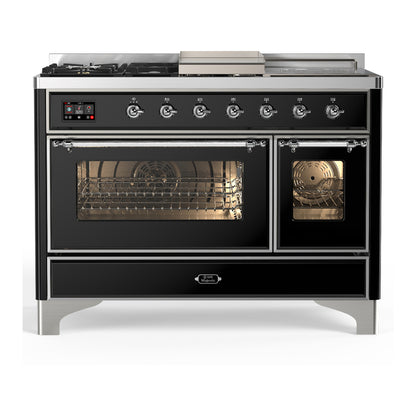 ILVE Majestic III 48" Glossy Black Dual Fuel Range with 5 Burners, Griddle and French Top Triple Glass Door Liquid Propane