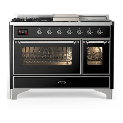 ILVE Majestic III 48" Glossy Black Dual Fuel Range with 5 Burners, Griddle and French Top Triple Glass Door Natural Gas
