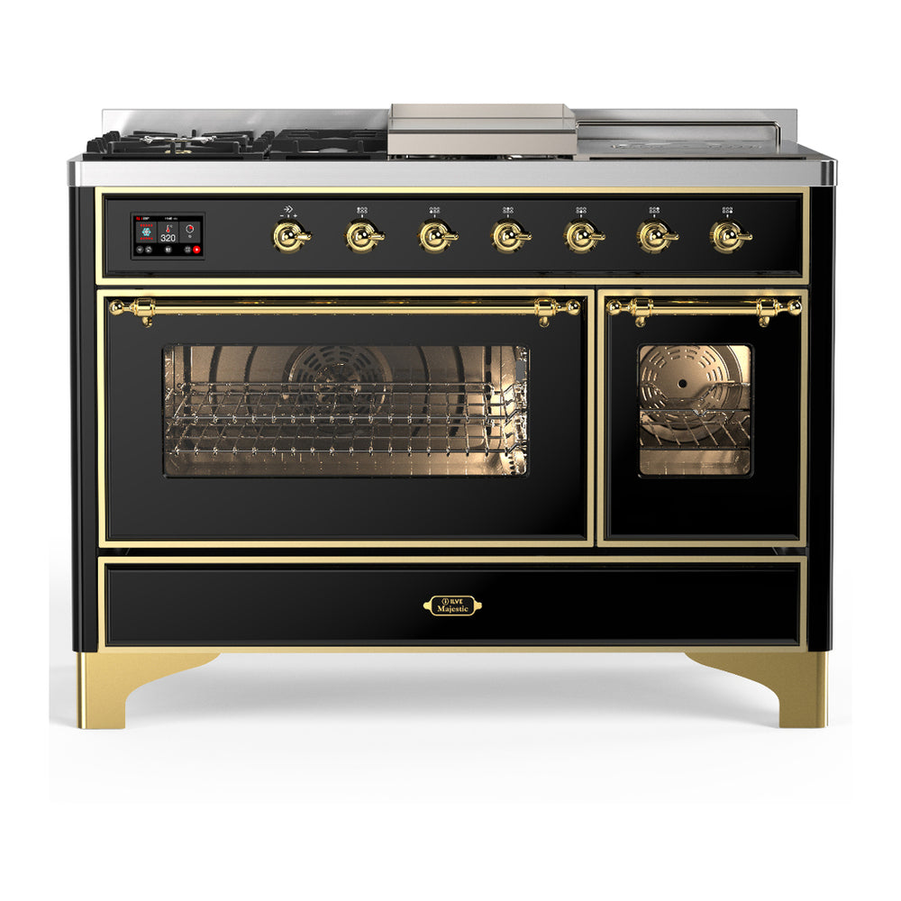 ILVE Majestic III 48" Glossy Black Dual Fuel Range with 5 Burners, Griddle and French Top Triple Glass Door Liquid Propane
