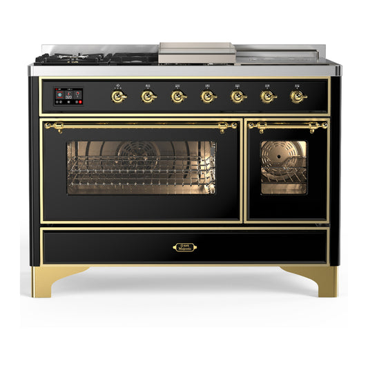 ILVE Majestic III 48" Glossy Black Dual Fuel Range with 5 Burners, Griddle and French Top Triple Glass Door Liquid Propane