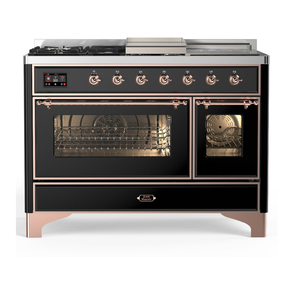 ILVE Majestic III 48" Glossy Black Dual Fuel Range with 5 Burners, Griddle and French Top Triple Glass Door Natural Gas