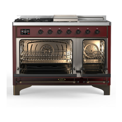 ILVE Majestic III 48" Burgundy Dual Fuel Range with 5 Burners, Griddle and French Top Triple Glass Door Liquid Propane