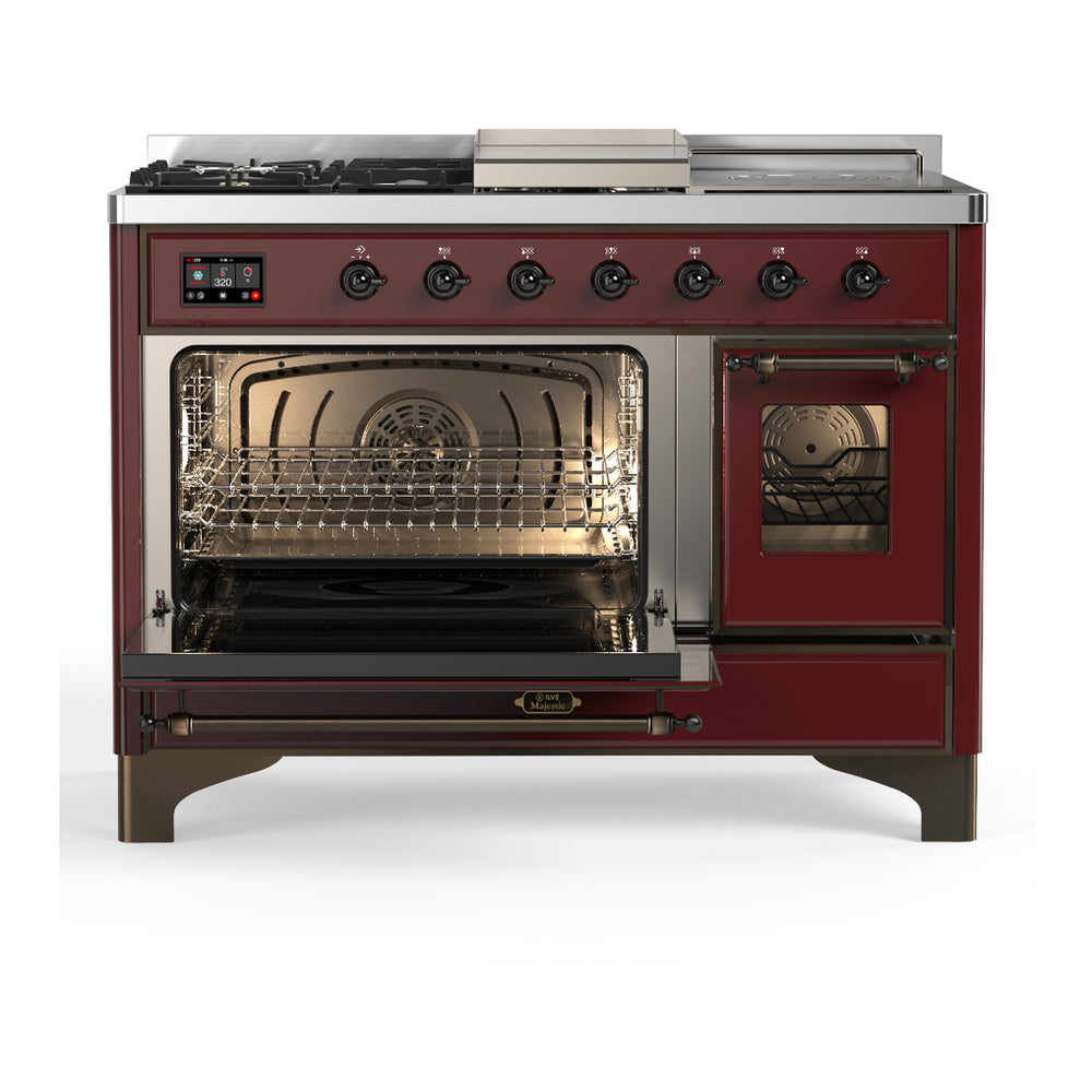 ILVE Majestic III 48" Burgundy Dual Fuel Range with 5 Burners, Griddle and French Top Triple Glass Door Liquid Propane