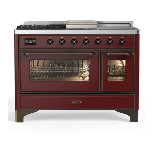 ILVE Majestic III 48" Burgundy Dual Fuel Range with 5 Burners, Griddle and French Top Triple Glass Door Natural Gas