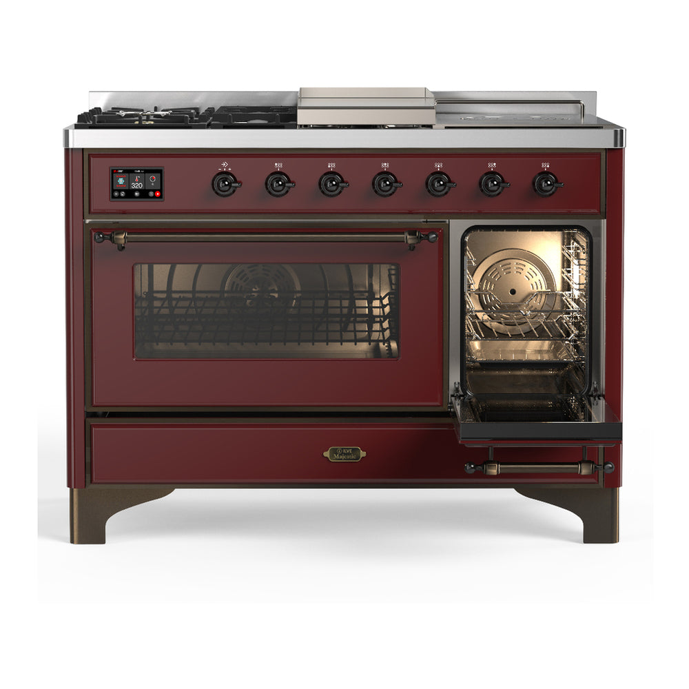 ILVE Majestic III 48" Burgundy Dual Fuel Range with 5 Burners, Griddle and French Top Triple Glass Door Natural Gas