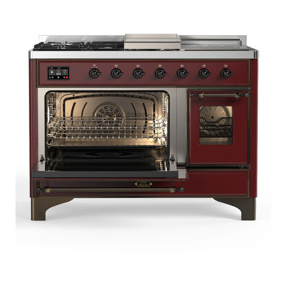 ILVE Majestic III 48" Burgundy Dual Fuel Range with 5 Burners, Griddle and French Top Triple Glass Door Natural Gas