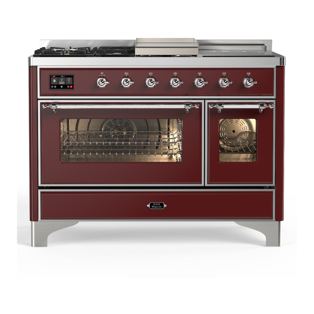ILVE Majestic III 48" Burgundy Dual Fuel Range with 5 Burners, Griddle and French Top Triple Glass Door Natural Gas