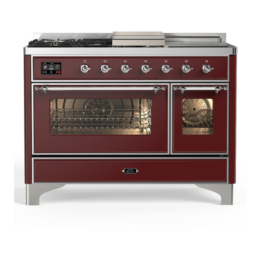 ILVE Majestic III 48" Burgundy Dual Fuel Range with 5 Burners, Griddle and French Top Triple Glass Door Natural Gas