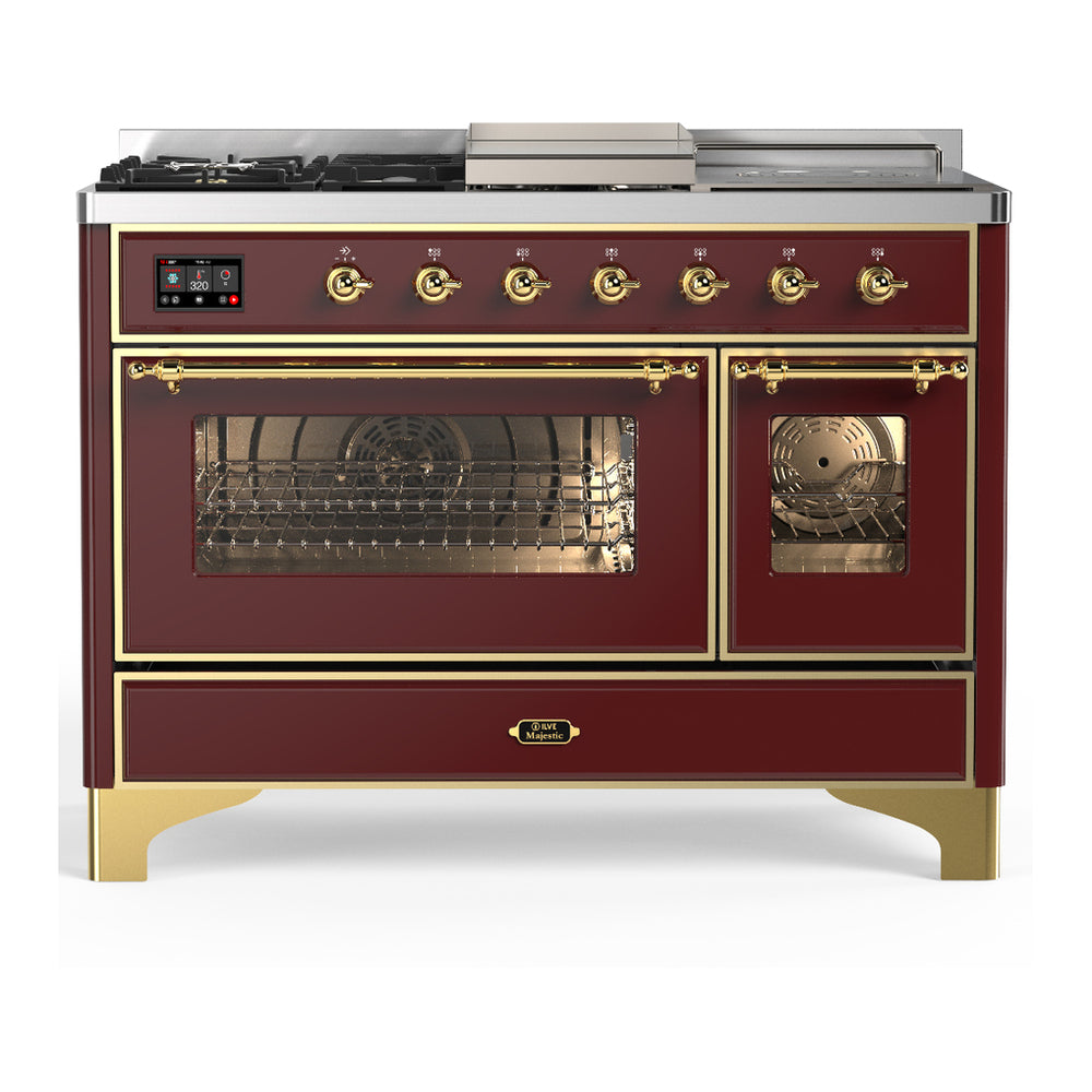 ILVE Majestic III 48" Burgundy Dual Fuel Range with 5 Burners, Griddle and French Top Triple Glass Door Liquid Propane