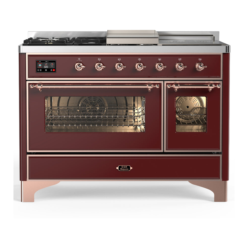 ILVE Majestic III 48" Burgundy Dual Fuel Range with 5 Burners, Griddle and French Top Triple Glass Door Liquid Propane