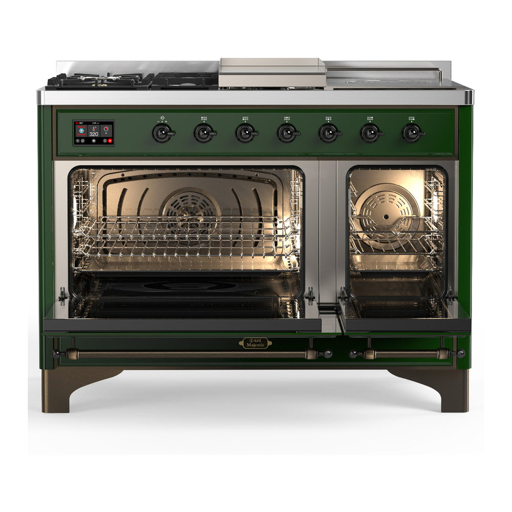 ILVE Majestic III 48" Emerald Green Dual Fuel Range with 5 Burners, Griddle and French Top Triple Glass Door Liquid Propane