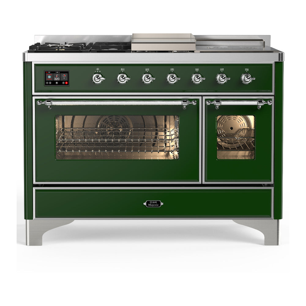ILVE Majestic III 48" Emerald Green Dual Fuel Range with 5 Burners, Griddle and French Top Triple Glass Door Liquid Propane