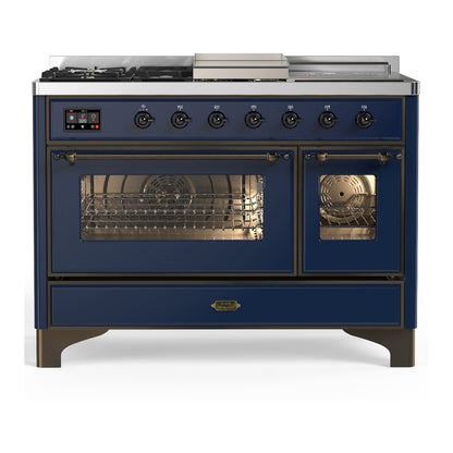 ILVE Majestic III 48" Midnight Blue Dual Fuel Range with 5 Burners, Griddle and French Top Triple Glass Door Liquid Propane