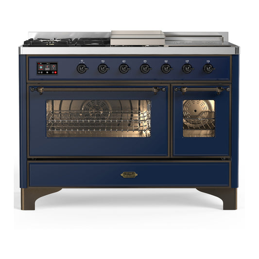 ILVE Majestic III 48" Midnight Blue Dual Fuel Range with 5 Burners, Griddle and French Top Triple Glass Door Liquid Propane