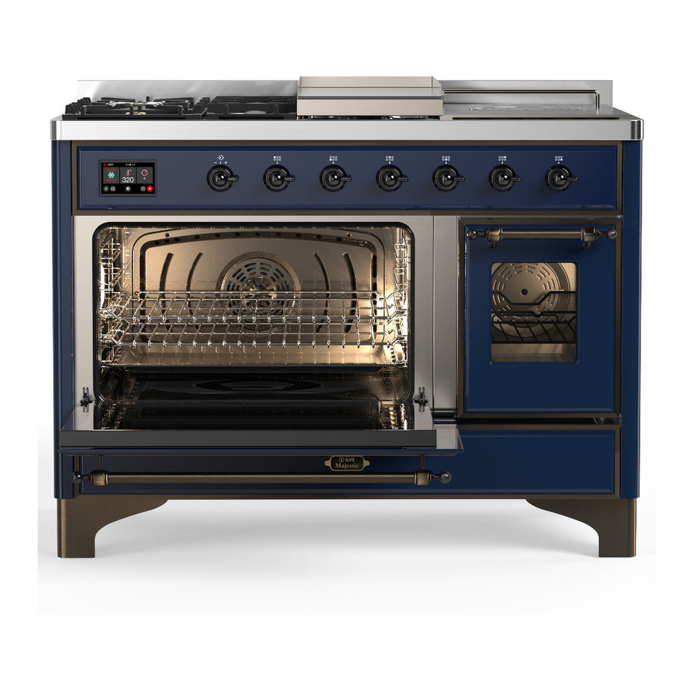 ILVE Majestic III 48" Midnight Blue Dual Fuel Range with 5 Burners, Griddle and French Top Triple Glass Door Liquid Propane
