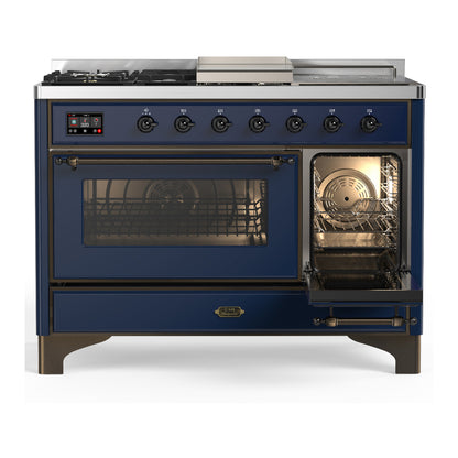 ILVE Majestic III 48" Midnight Blue Dual Fuel Range with 5 Burners, Griddle and French Top Triple Glass Door Liquid Propane