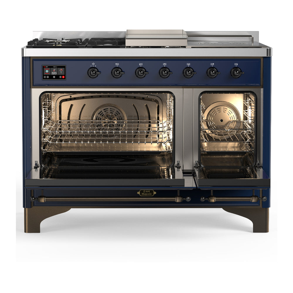 ILVE Majestic III 48" Midnight Blue Dual Fuel Range with 5 Burners, Griddle and French Top Triple Glass Door Natural Gas