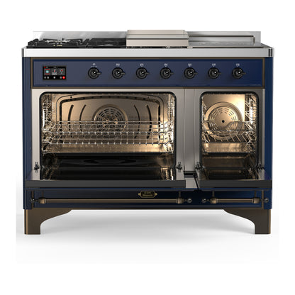 ILVE Majestic III 48" Midnight Blue Dual Fuel Range with 5 Burners, Griddle and French Top Triple Glass Door Natural Gas