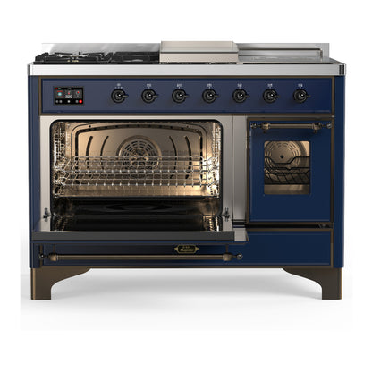 ILVE Majestic III 48" Midnight Blue Dual Fuel Range with 5 Burners, Griddle and French Top Triple Glass Door Natural Gas
