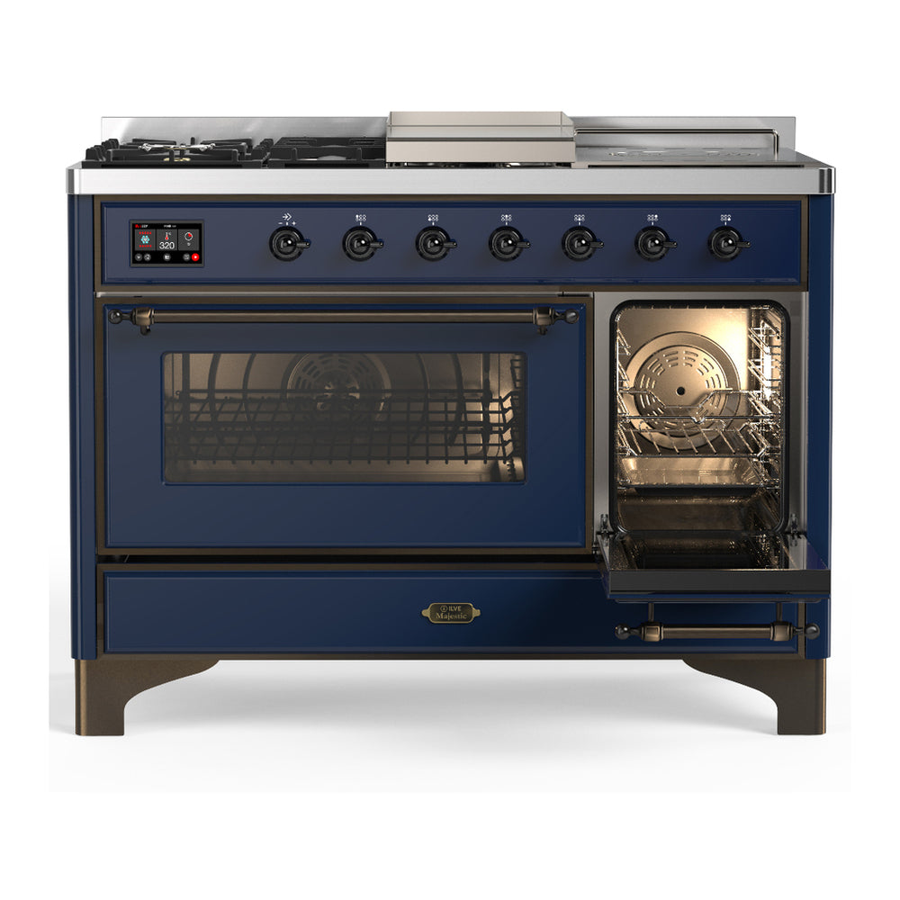 ILVE Majestic III 48" Midnight Blue Dual Fuel Range with 5 Burners, Griddle and French Top Triple Glass Door Natural Gas