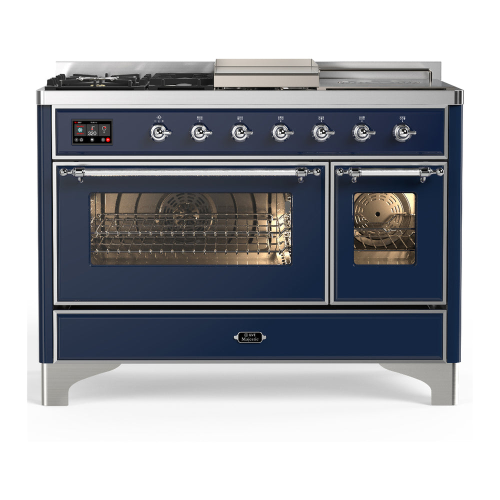ILVE Majestic III 48" Midnight Blue Dual Fuel Range with 5 Burners, Griddle and French Top Triple Glass Door Natural Gas
