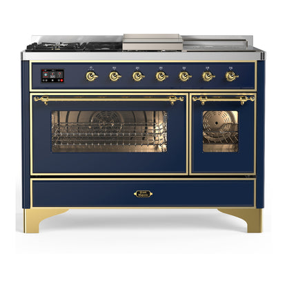 ILVE Majestic III 48" Midnight Blue Dual Fuel Range with 5 Burners, Griddle and French Top Triple Glass Door Liquid Propane