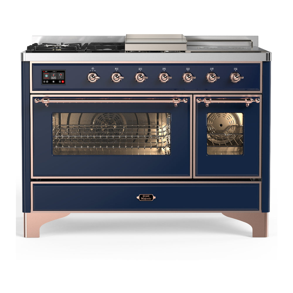 ILVE Majestic III 48" Midnight Blue Dual Fuel Range with 5 Burners, Griddle and French Top Triple Glass Door Liquid Propane