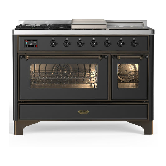 ILVE Majestic III 48" Graphite Matte Dual Fuel Range with 5 Burners, Griddle and French Top Triple Glass Door Liquid Propane