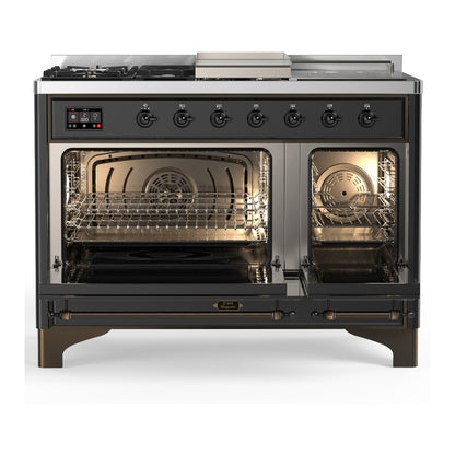 ILVE Majestic III 48" Graphite Matte Dual Fuel Range with 5 Burners, Griddle and French Top Triple Glass Door Liquid Propane