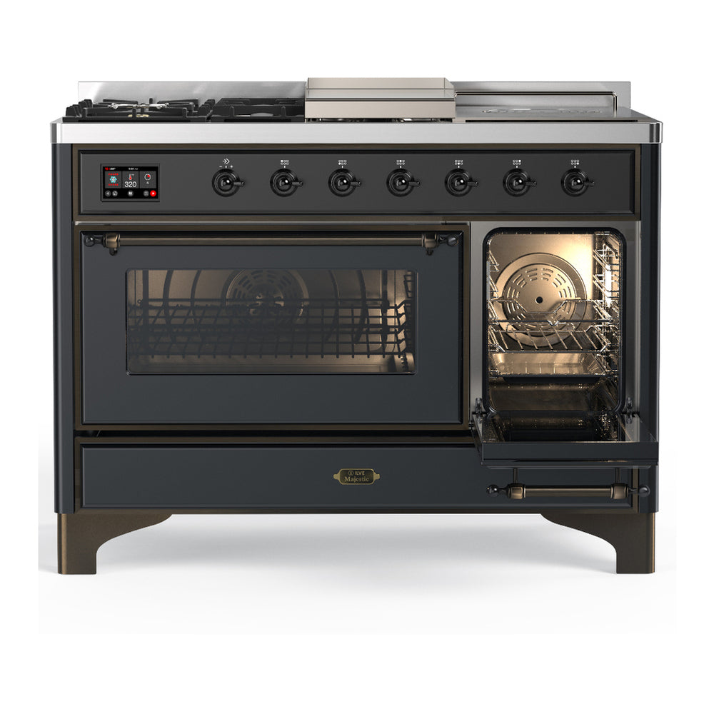 ILVE Majestic III 48" Graphite Matte Dual Fuel Range with 5 Burners, Griddle and French Top Triple Glass Door Liquid Propane