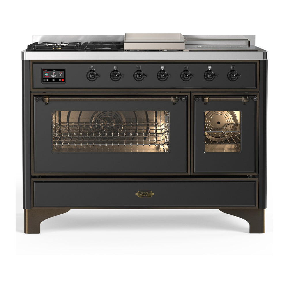 ILVE Majestic III 48" Graphite Matte Dual Fuel Range with 5 Burners, Griddle and French Top Triple Glass Door Natural Gas