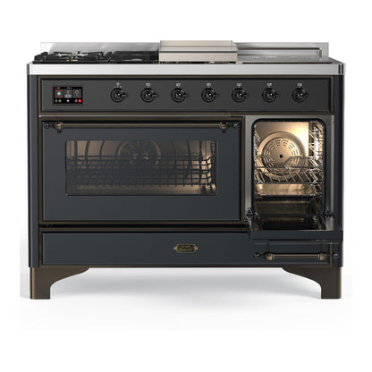 ILVE Majestic III 48" Graphite Matte Dual Fuel Range with 5 Burners, Griddle and French Top Triple Glass Door Natural Gas