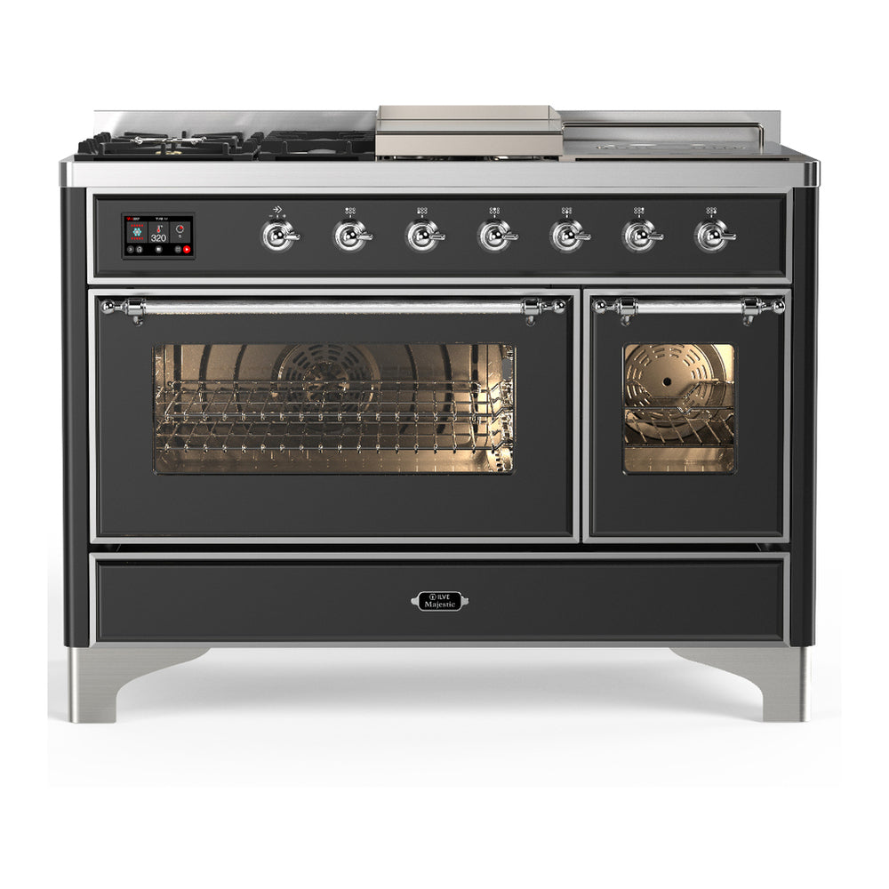 ILVE Majestic III 48" Graphite Matte Dual Fuel Range with 5 Burners, Griddle and French Top Triple Glass Door Natural Gas