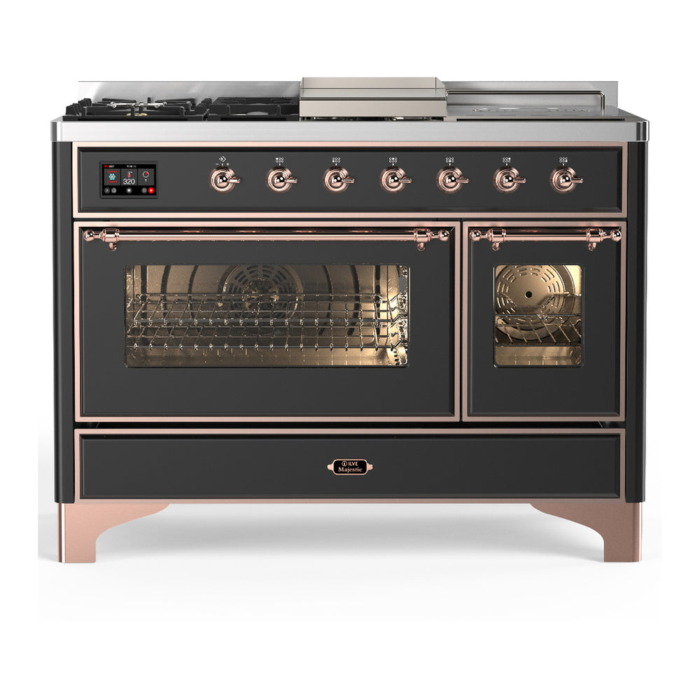 ILVE Majestic III 48" Graphite Matte Dual Fuel Range with 5 Burners, Griddle and French Top Triple Glass Door Liquid Propane