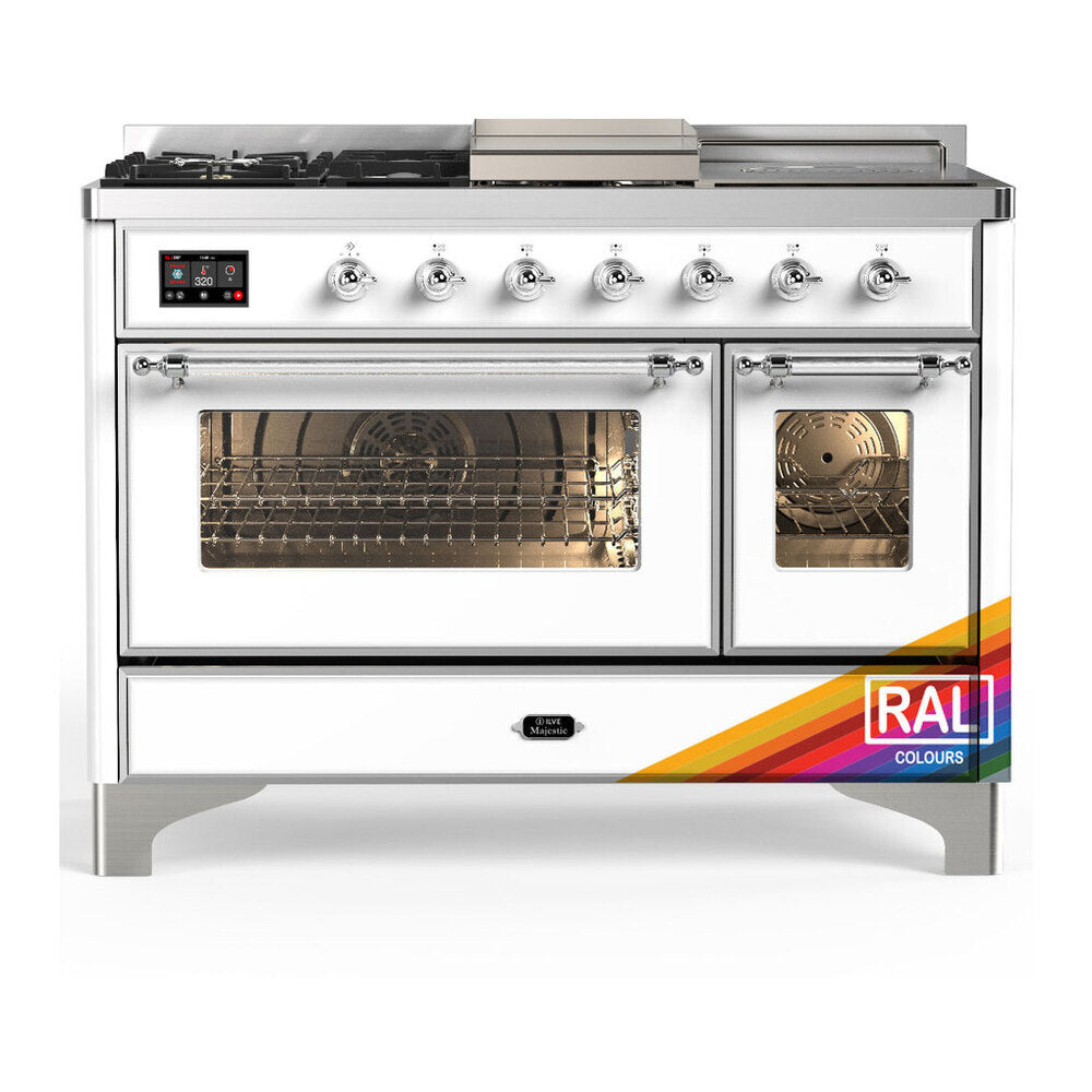ILVE Majestic III 48" RAL Dual Fuel Range with 5 Burners, Griddle and French Top Triple Glass Door Liquid Propane