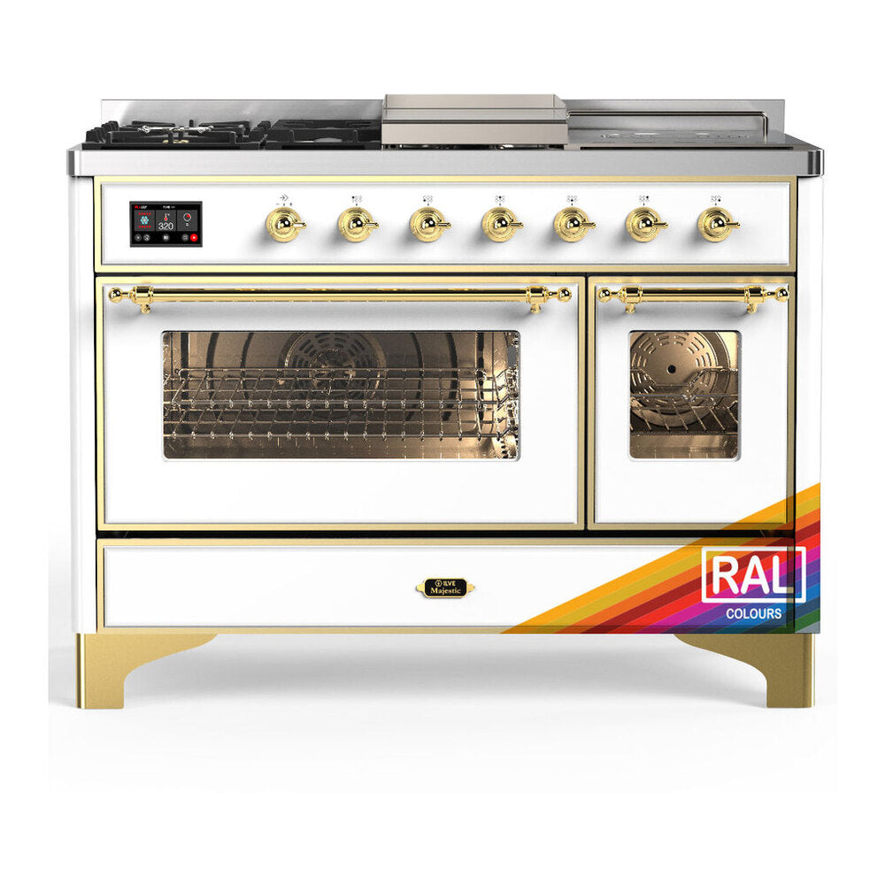 ILVE Majestic III 48" RAL Dual Fuel Range with 5 Burners, Griddle and French Top Triple Glass Door Natural Gas