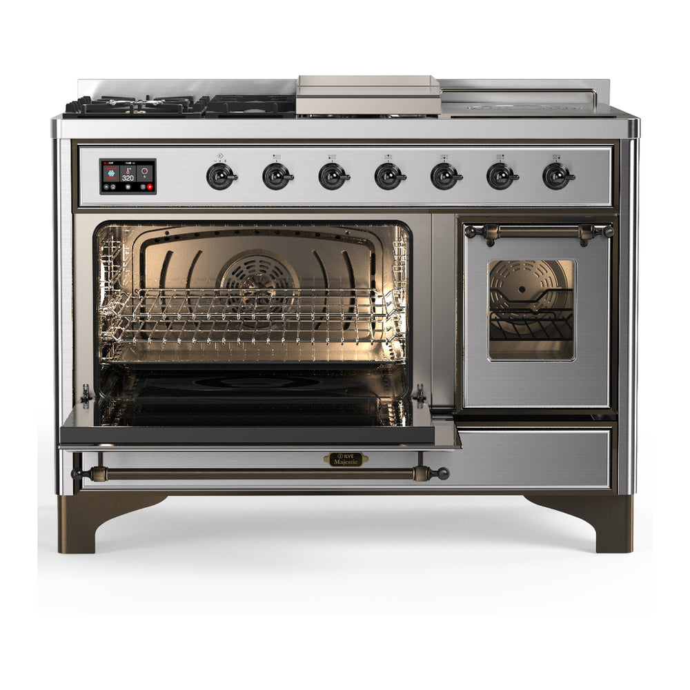 ILVE Majestic III 48" Stainless Steel Dual Fuel Range with 5 Burners, Griddle and French Top Triple Glass Door Liquid Propane