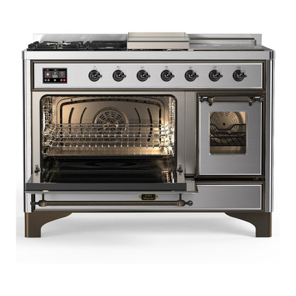 ILVE Majestic III 48" Stainless Steel Dual Fuel Range with 5 Burners, Griddle and French Top Triple Glass Door Liquid Propane
